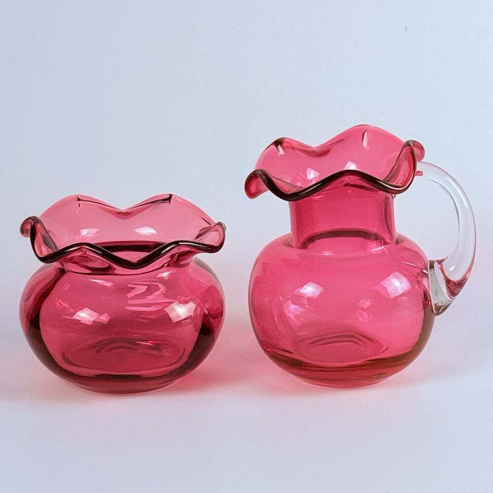 Victorian Cranberry Glass Creamer & Sugar Bowl Applied Handle Ruffled Collar